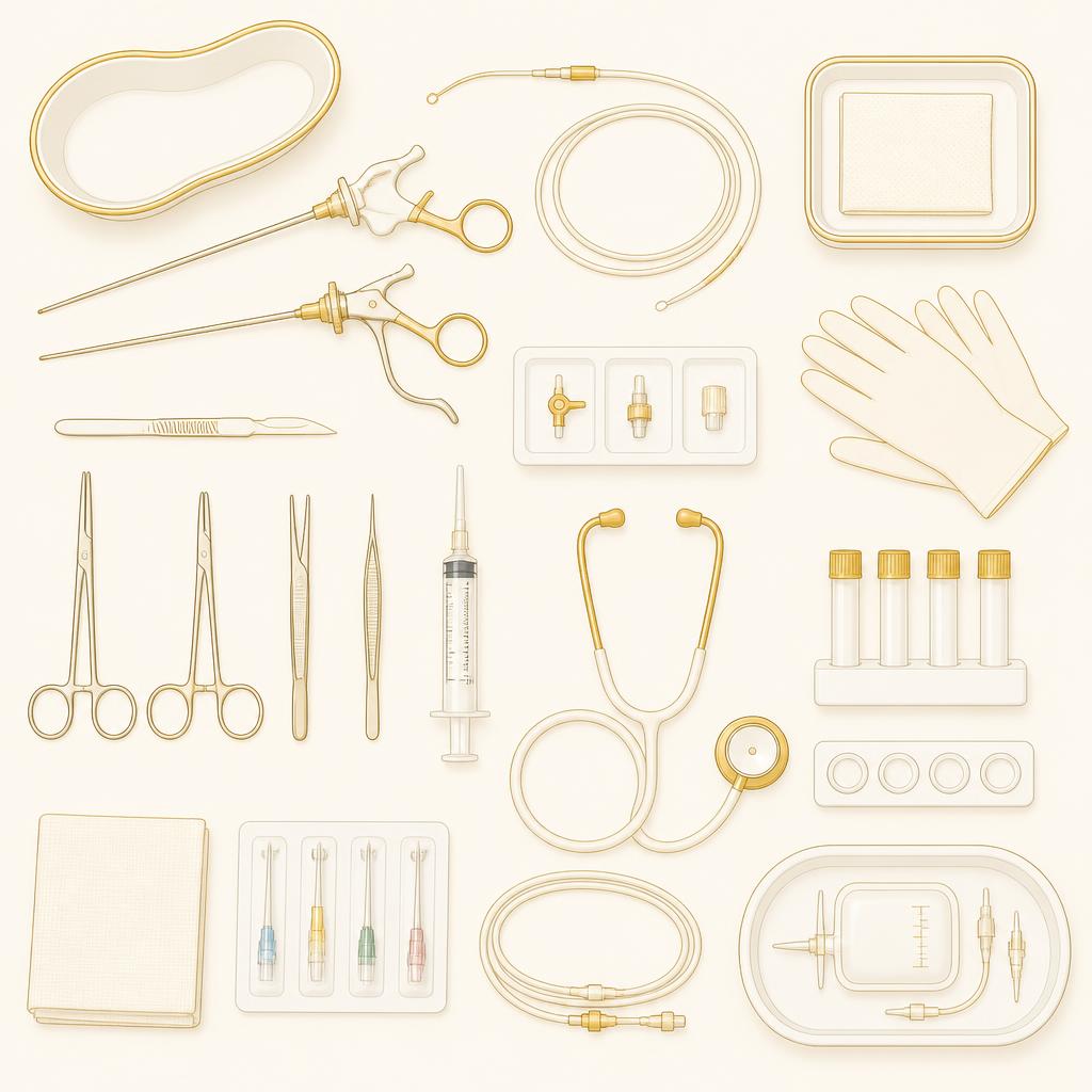Illustrated arrangement of medical products and consumables